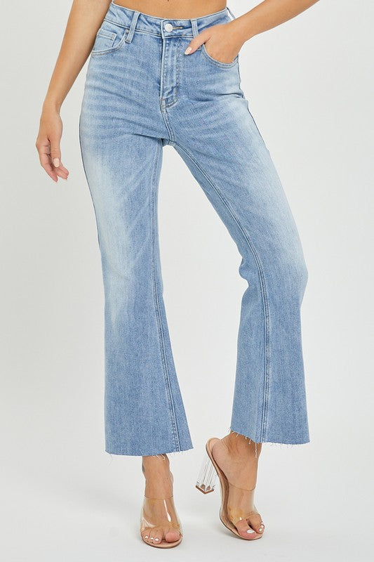 Dames Hoge Taille Crop Flare Licht Denim 1
