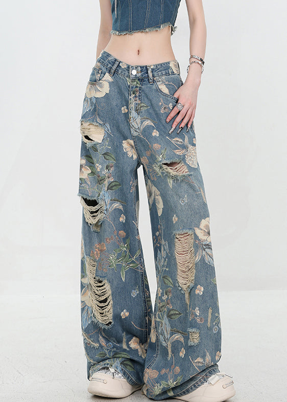 Dames Hoge Taille Denim Broek met Uniek Blauw Patroon 1