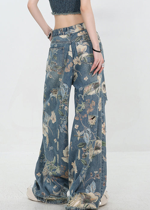 Dames Hoge Taille Denim Broek met Uniek Blauw Patroon 4