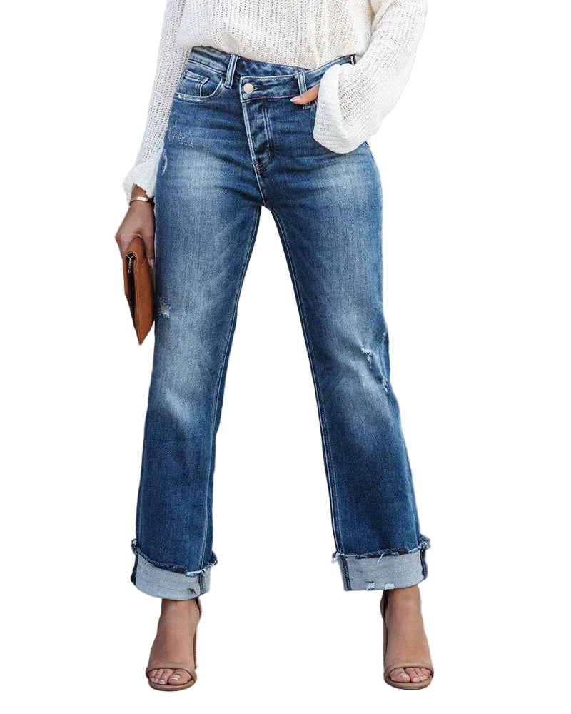 Dames Hoge Taille Rechte Jeans Knoopsluiting 0