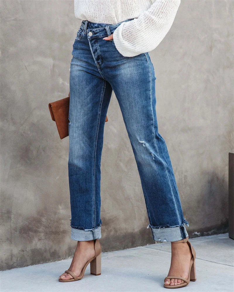 Dames Hoge Taille Rechte Jeans Knoopsluiting 1