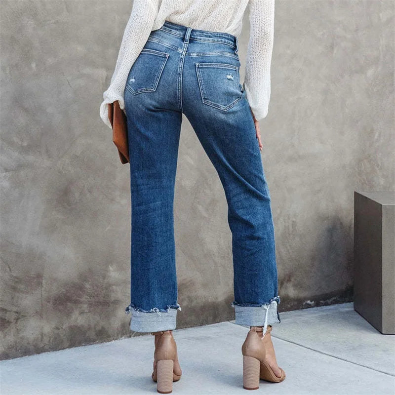 Dames Hoge Taille Rechte Jeans Knoopsluiting 2