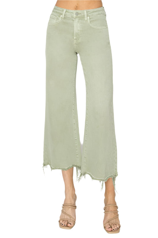 Dames Hoge Taille Wijde Cropped Broek Groen 0