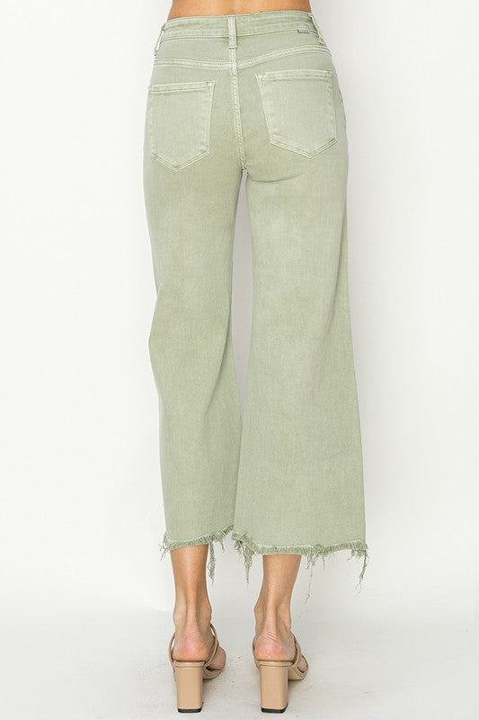 Dames Hoge Taille Wijde Cropped Broek Groen 4