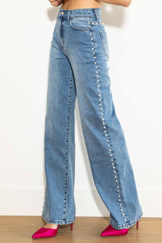 Dames Hoge Taille Wijde Jeans Medium Stone 1