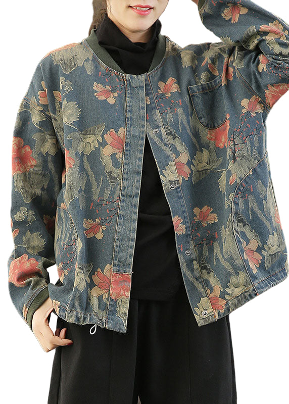 Dames Jas Denim Retro Print Met Knopen 0