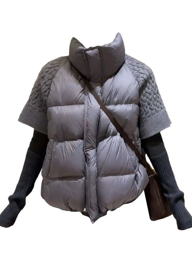 Dames Jas Winter Gebreid Met Opstaande Kraag En Patchworkstijl 0
