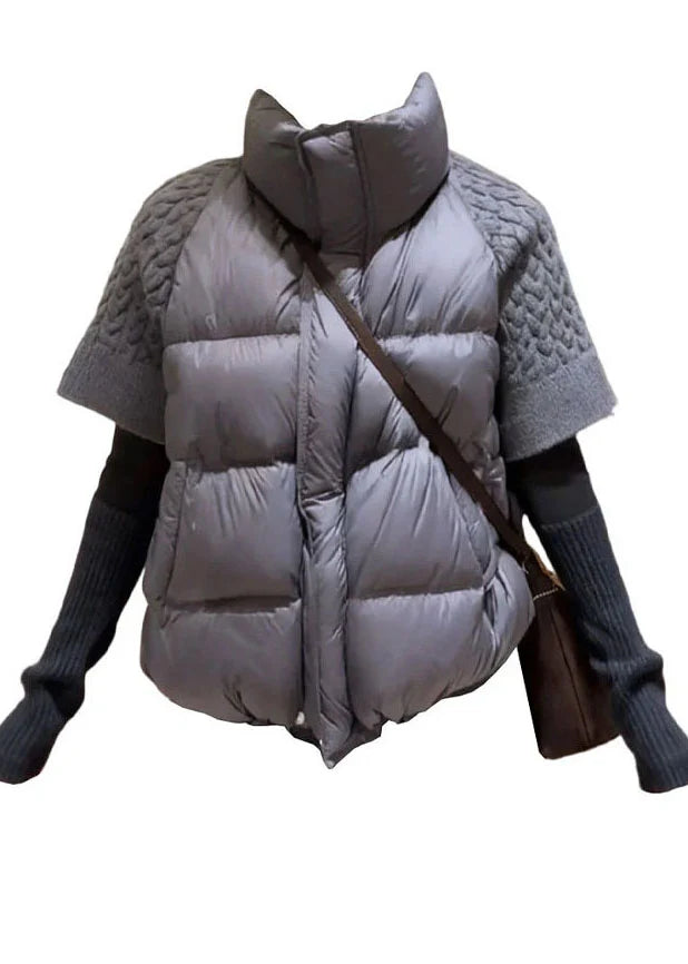 Dames Jas Winter Gebreid Met Opstaande Kraag En Patchworkstijl 4
