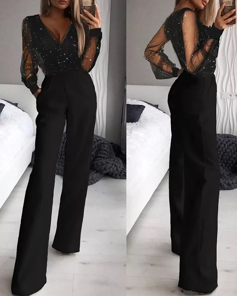 Dames Jumpsuit Feestelijk met Lange Mouwen en Wijde Pijpen 1