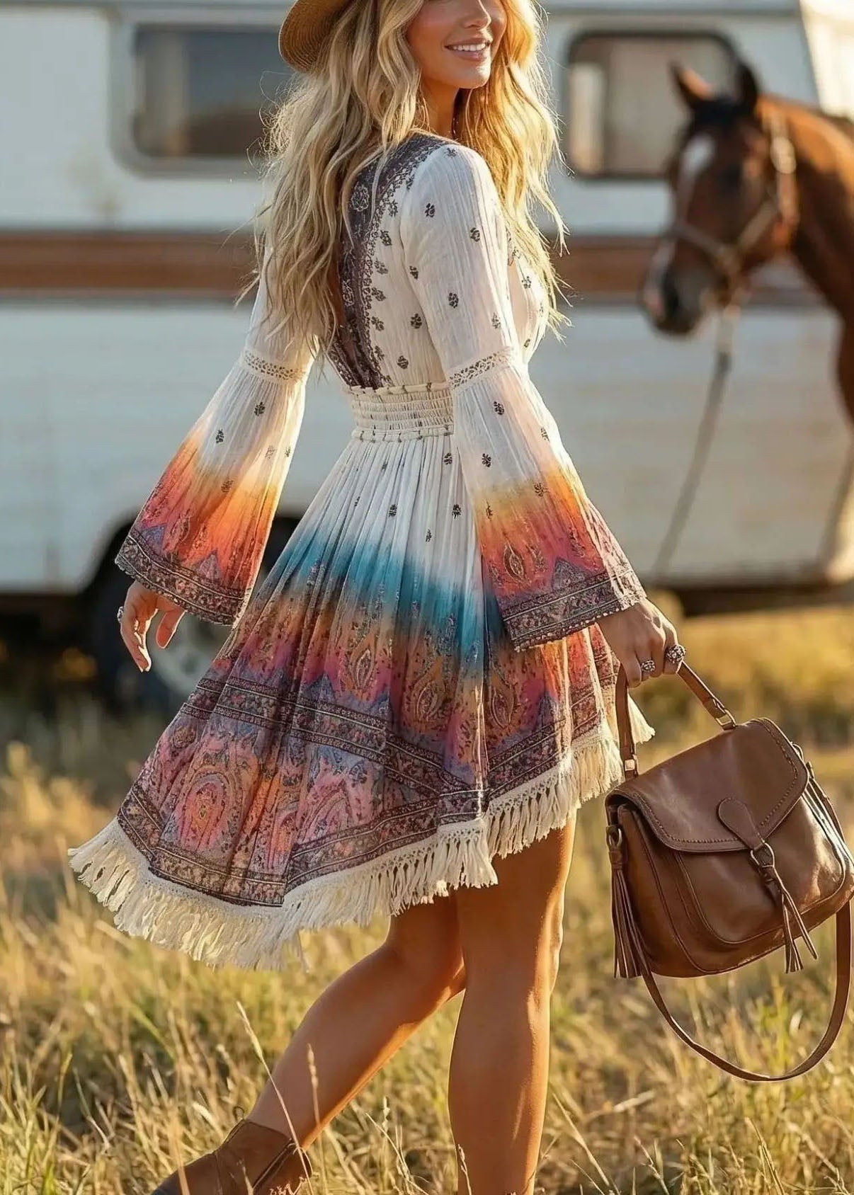 Dames Jurk Boheemse Stijl V-hals Met Trekkoord En Flare Mouwen 2