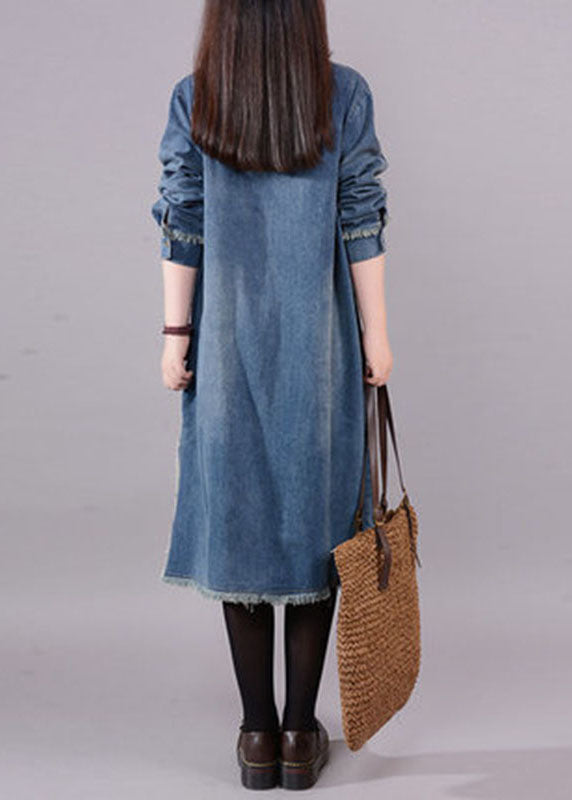 Dames Jurk Denim O-Hals met Knopen en Zakken Casual 2