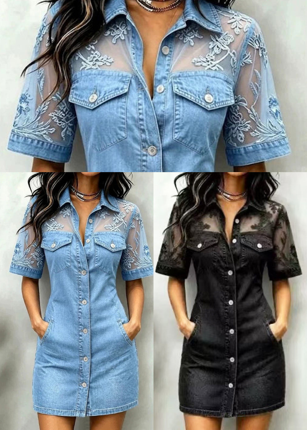Dames Jurk Korte Mouw Peter Pan Kraag Patchwork Denim Stijl 4