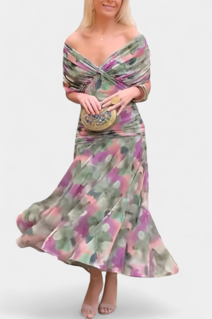 Dames Jurk Met Fantasiebloemenprint V-Hals Lange Rok 4
