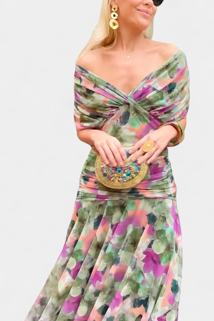 Dames Jurk Met Fantasiebloemenprint V-Hals Lange Rok 5