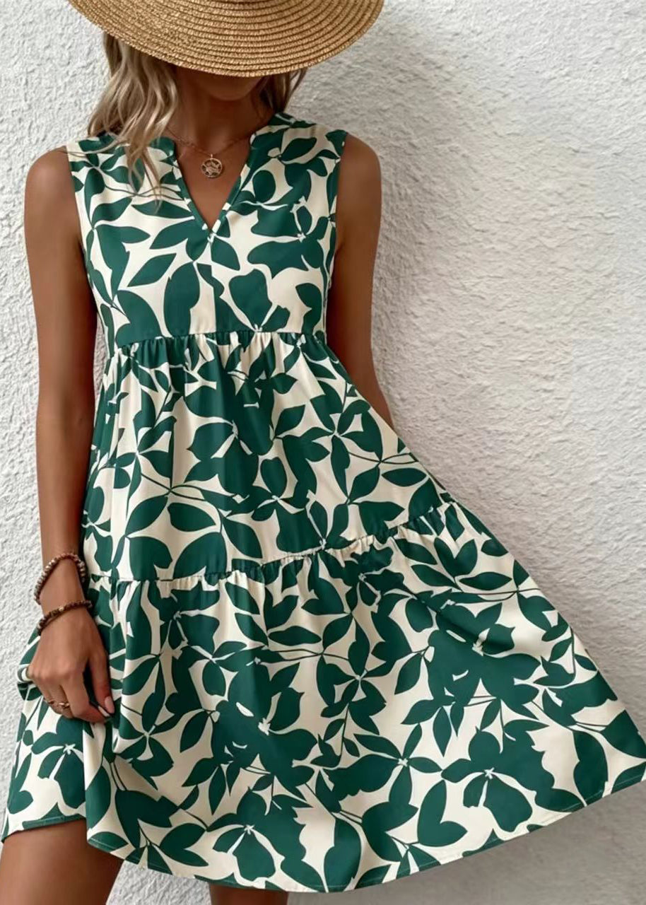Dames Jurk Mouwloos V-hals Groen Print 2