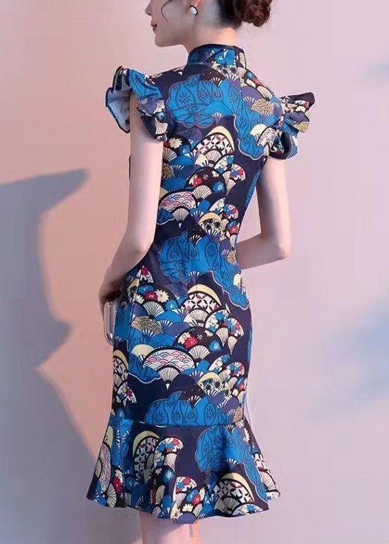 Dames Jurk Opstaande Kraag Pauwblauwe Print Zomerjurk 0