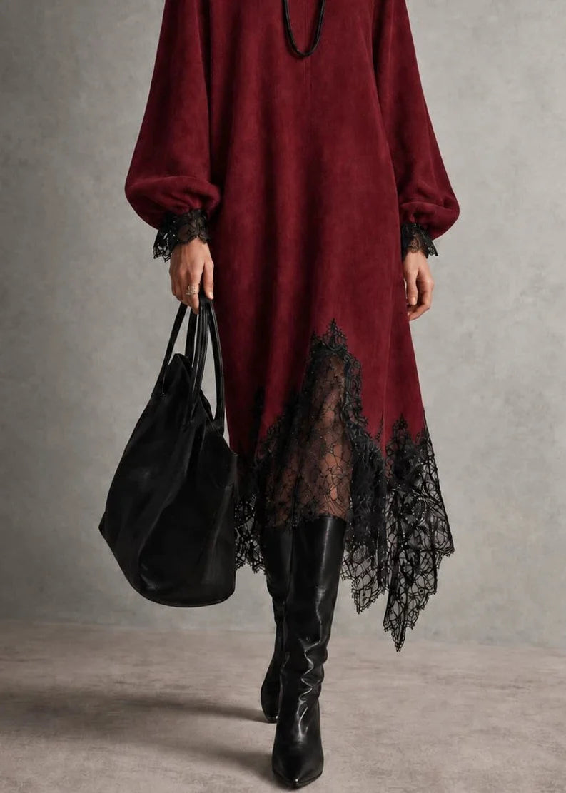 Dames Jurk Patchwork Asymmetrische V-hals Herfststijl 3
