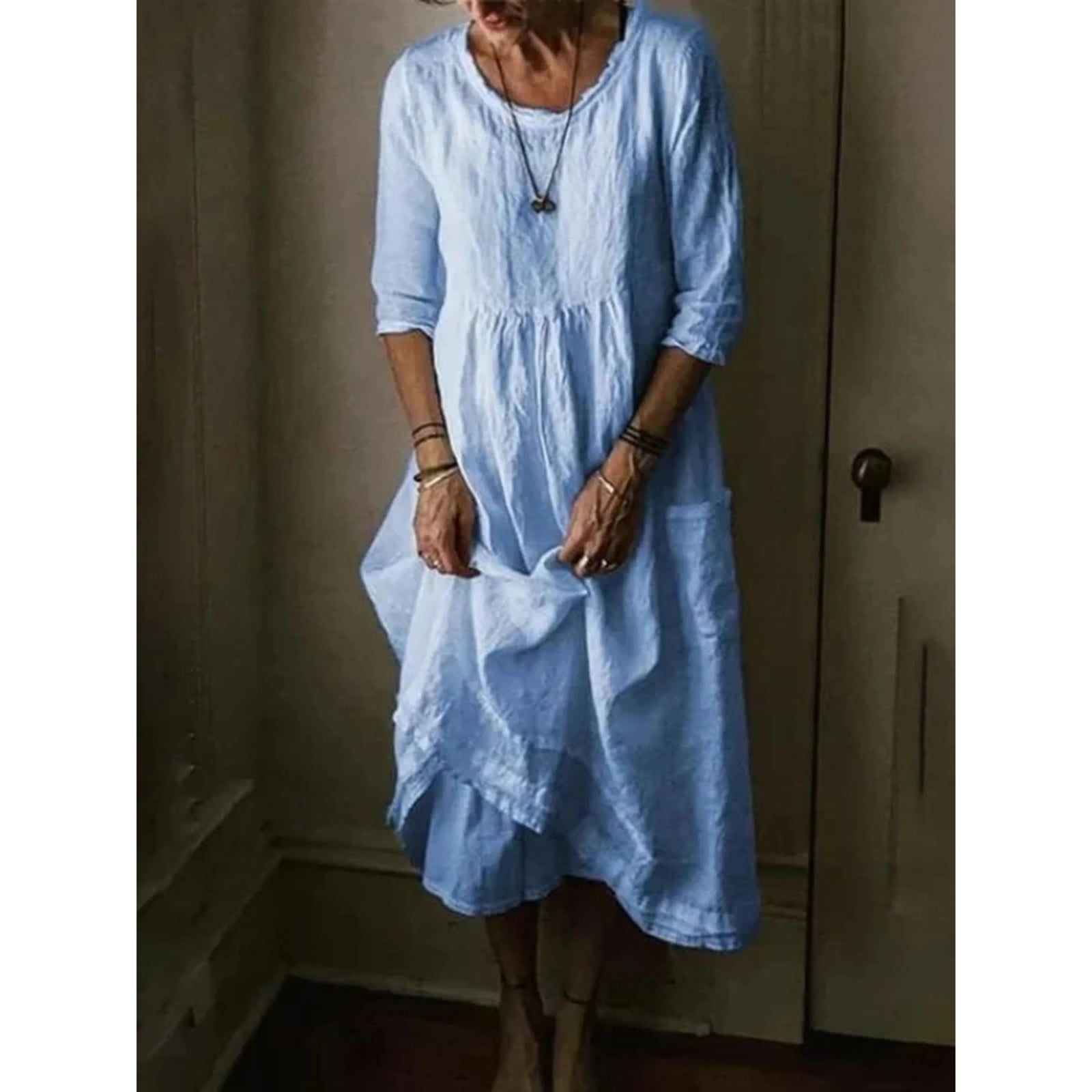 Dames Jurk Ronde Hals 3/4 Mouwen Chic Vloeiend Design 3