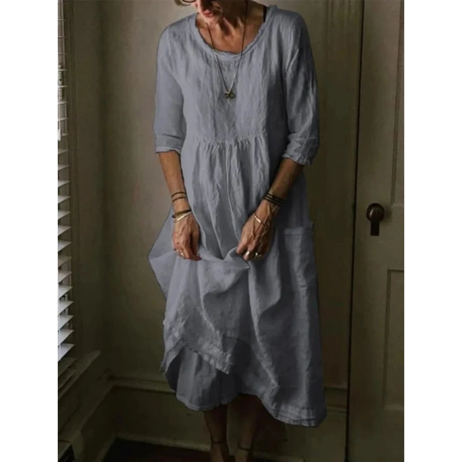 Dames Jurk Ronde Hals 3/4 Mouwen Chic Vloeiend Design 4