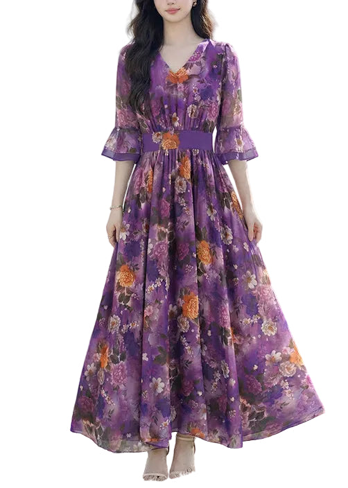 Dames Jurk V-hals Gerimpeld Print Zomerstijl 0
