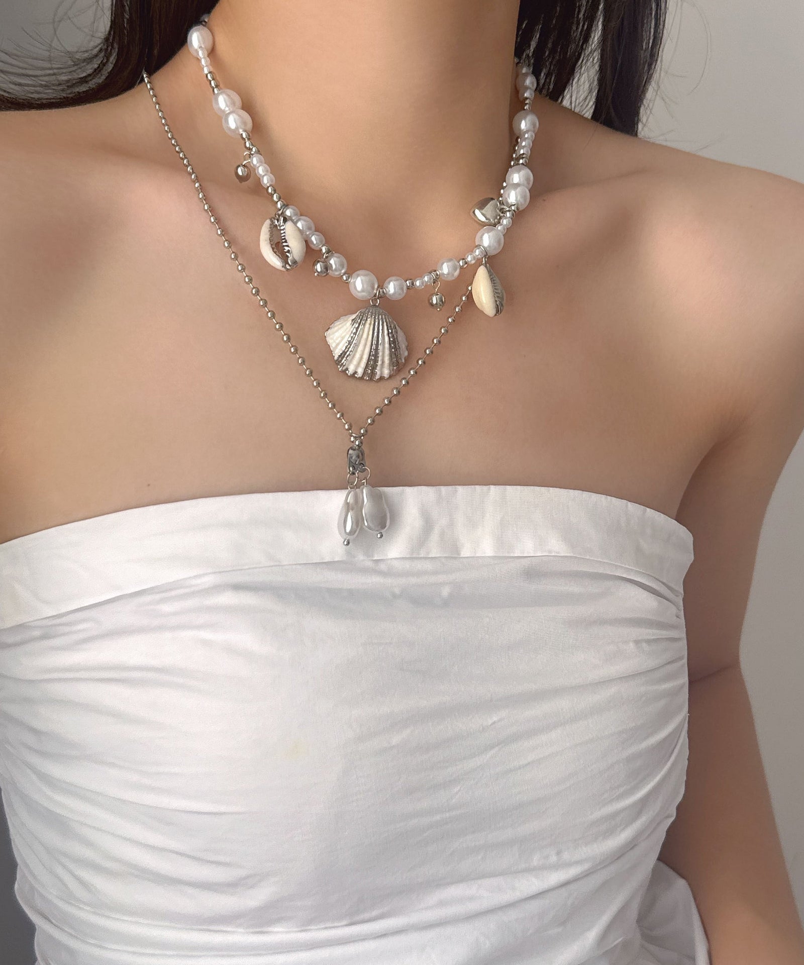 Dames Ketting Dubbellaags Met Schelp En Parel Hanger 4