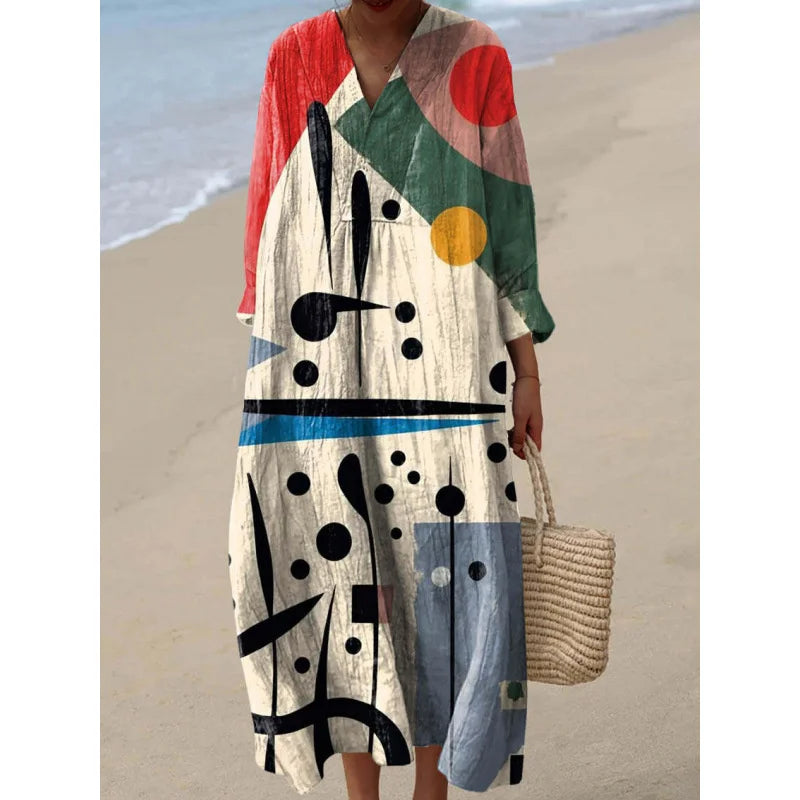 Dames Kleurblok Jurk V-Hals Zacht Ademend Casual Jurken 13