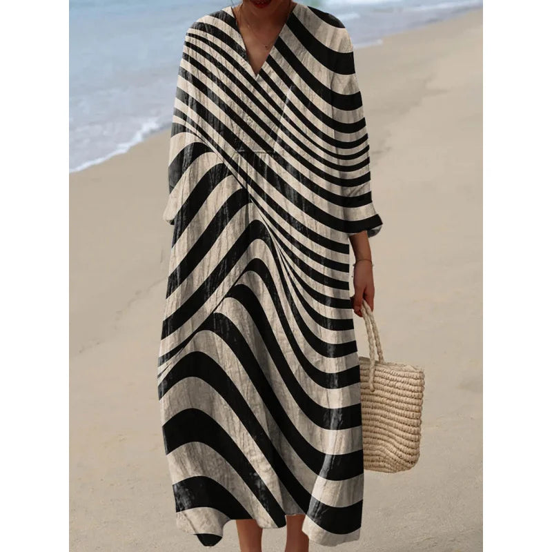 Dames Kleurblok Jurk V-Hals Zacht Ademend Casual Jurken 18