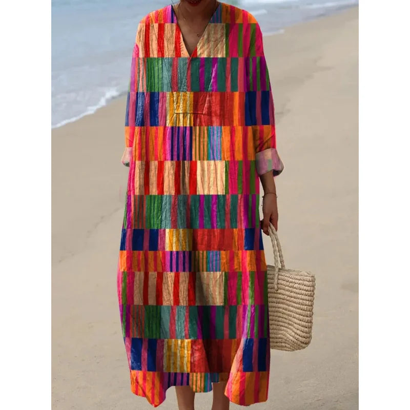 Dames Kleurblok Jurk V-Hals Zacht Ademend Casual Jurken 28