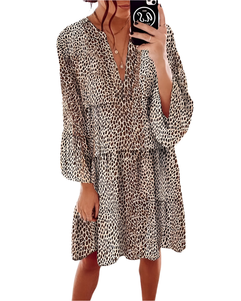 Dames Knielang Jurk met Leopardenprint en V-Ausschnitt 0