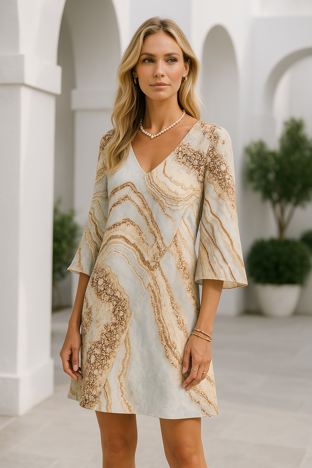 Dames Korte Jurk V-hals Marmerprint 2