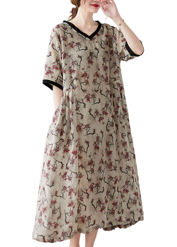 Dames Korte Mouwen V-Hals Linnen Jurk 0