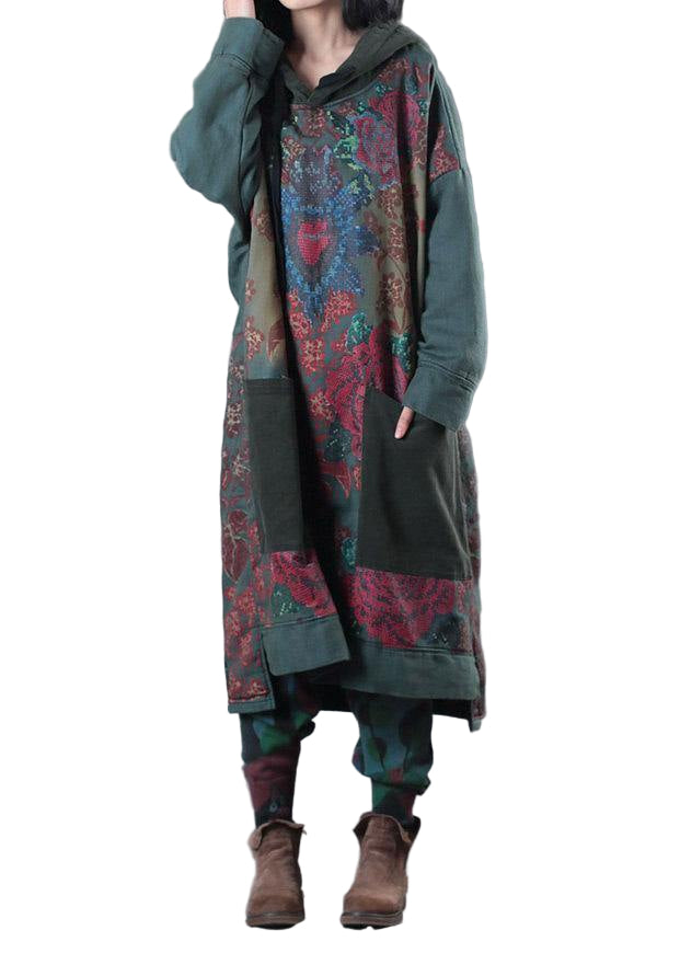 Dames Kunst Jurk met Kap en Treksnoer in Groene Print 0