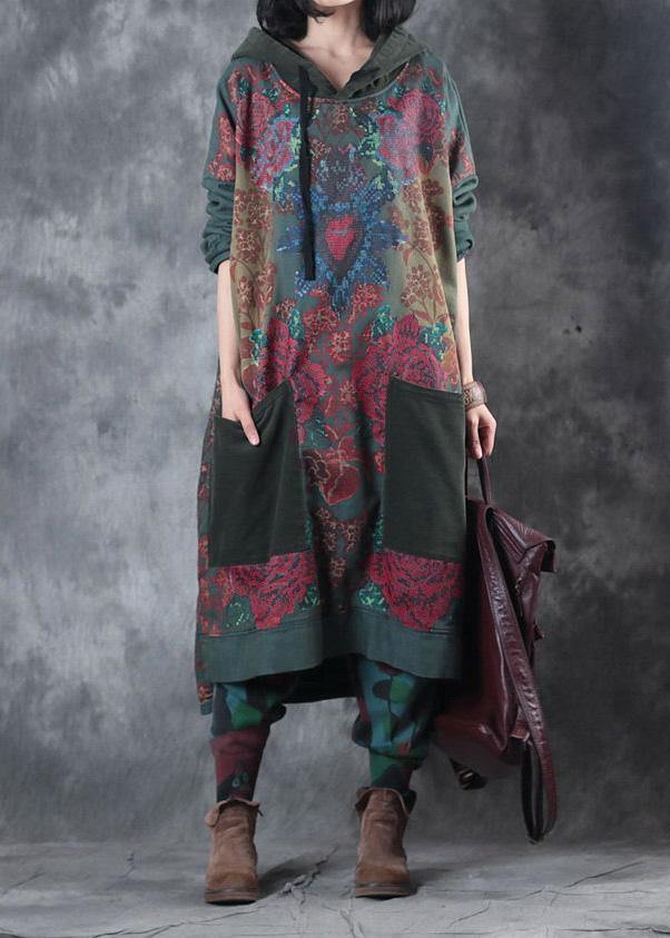 Dames Kunst Jurk met Kap en Treksnoer in Groene Print 1