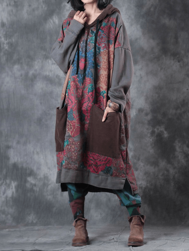 Dames Kunst Jurk met Kap en Treksnoer in Groene Print 2