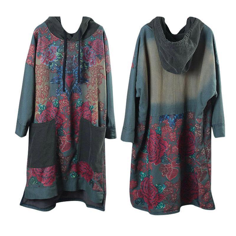 Dames Kunst Jurk met Kap en Treksnoer in Groene Print 7