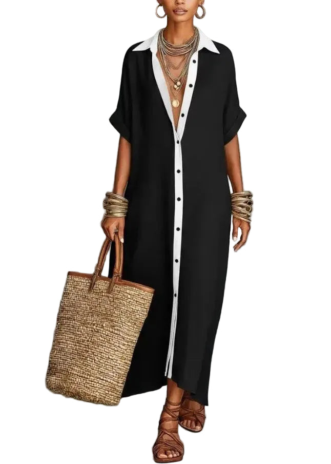 Dames Lange Boho Jurk met Peter Pan Kraag en Patchwork 0