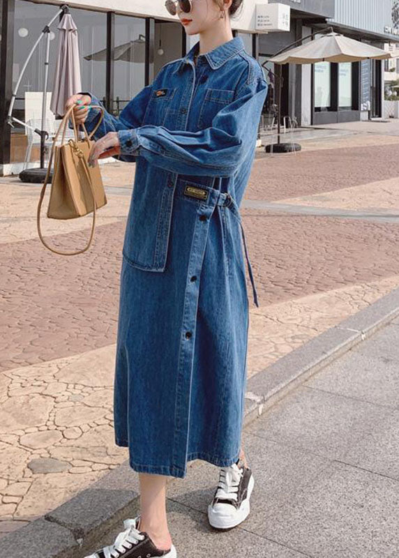 Dames Lange Denim Jurk met Asymmetrisch Ontwerp en Knopen 3