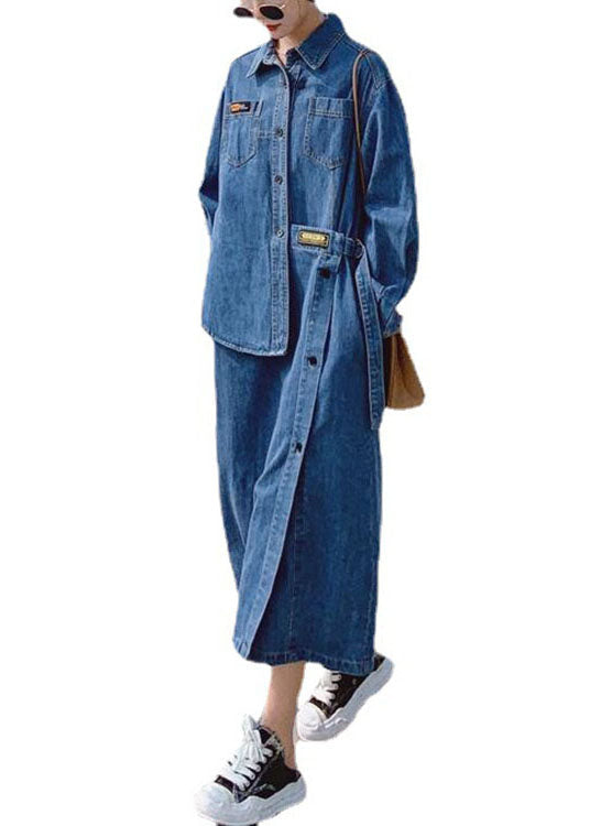 Dames Lange Denim Jurk met Asymmetrisch Ontwerp en Knopen 4