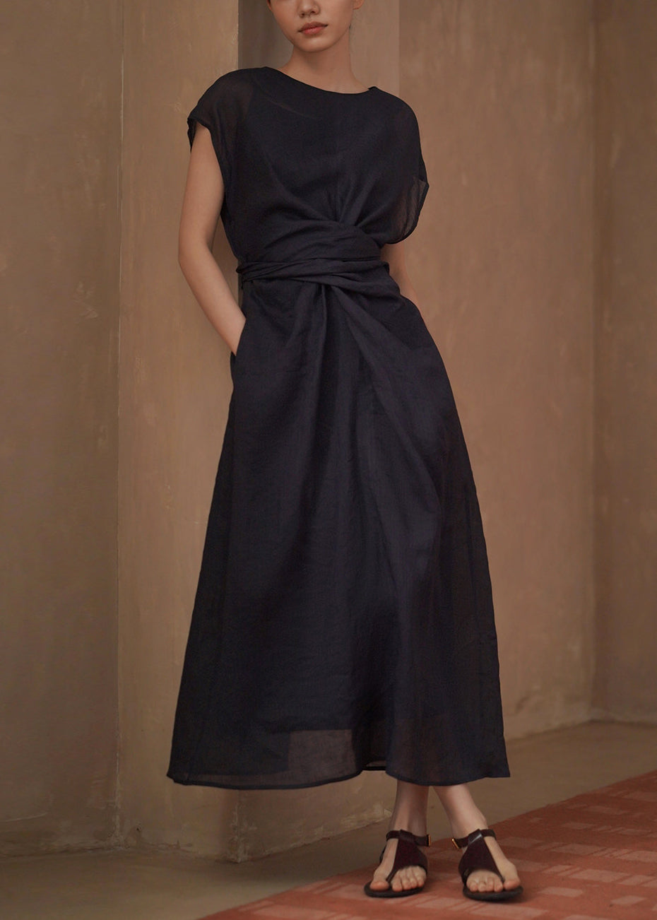 Dames Lange Jurk O-hals Met Taille Stropdas Casual Zomer 1