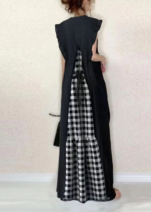 Dames Lange Jurk V-hals Patchwork Geruit Zomerstijl 0