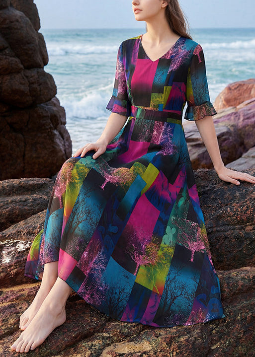 Dames Lange Jurk V-hals Patchwork Print 2