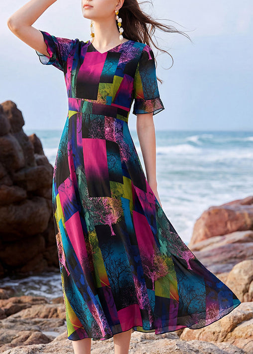 Dames Lange Jurk V-hals Patchwork Print 3