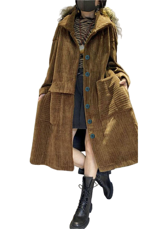 Dames Lange Mouwen Katoenen Corduroy Jas met Zakjes 0