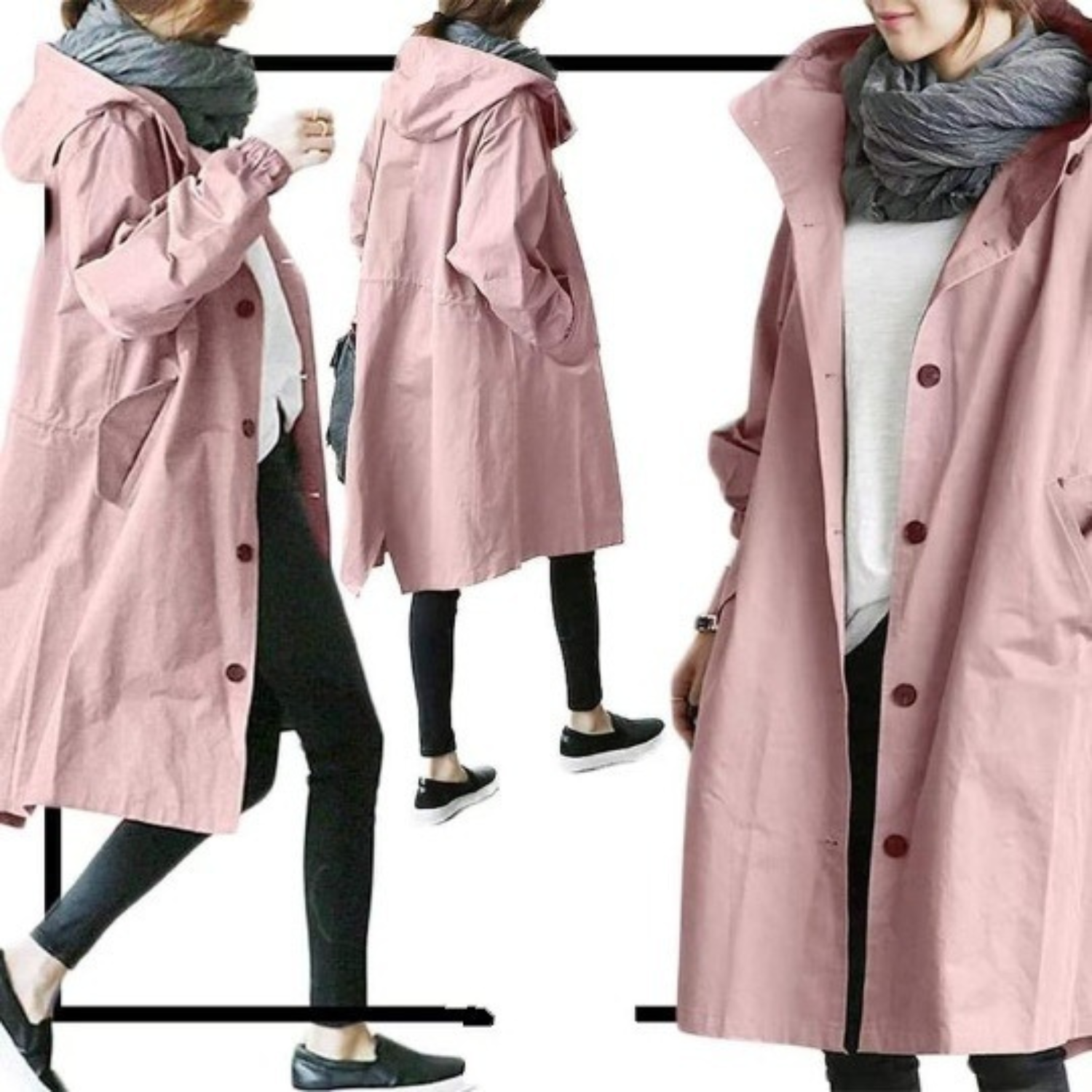 Dames Lange Trenchcoat met Kapuze en Verstelbare Taille 5