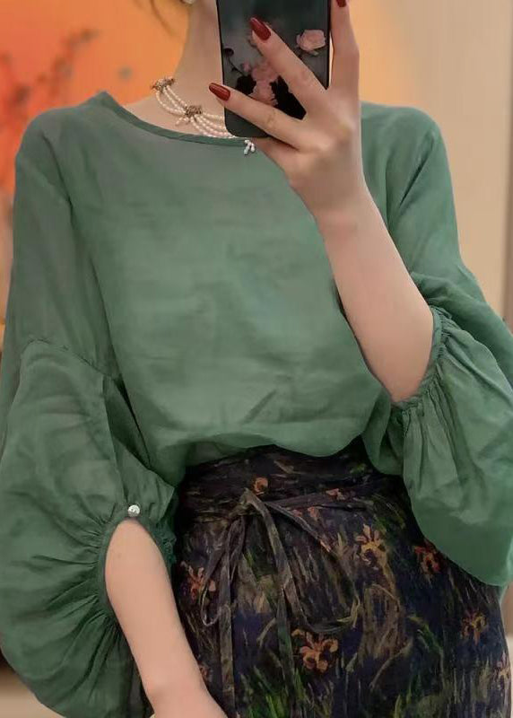 Dames Linnen Blouse O-hals Met Lantaarnmouwen 3