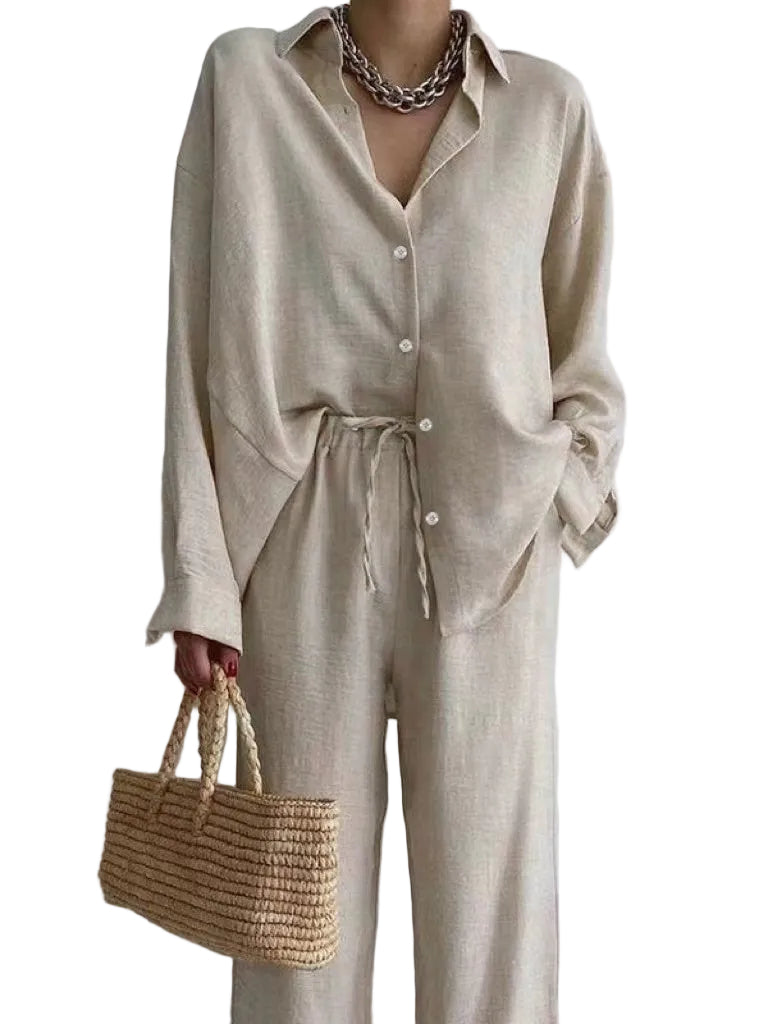 Dames Linnen Set Blouse en Wijde Broek 0