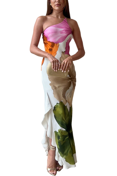 Dames Maxi-jurk met Eén Schouder en Gedrapeerde Ruches 0