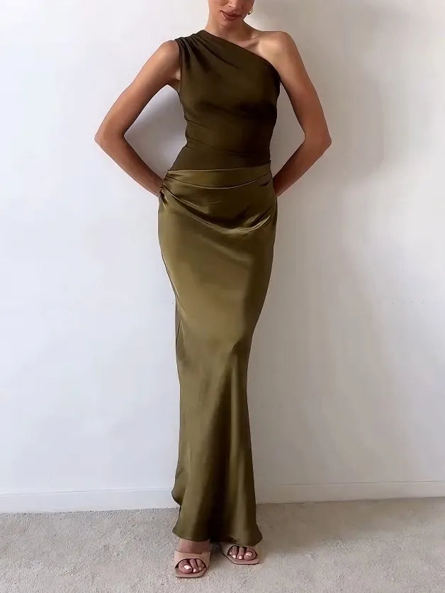 Dames Maxi-jurk met Eén Schouder en Geplooide Details 7