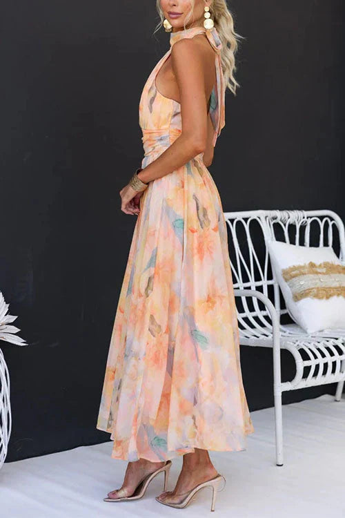 Dames Maxi Jurk Aquarelprint Halter Voor Zomer Evenementen 4