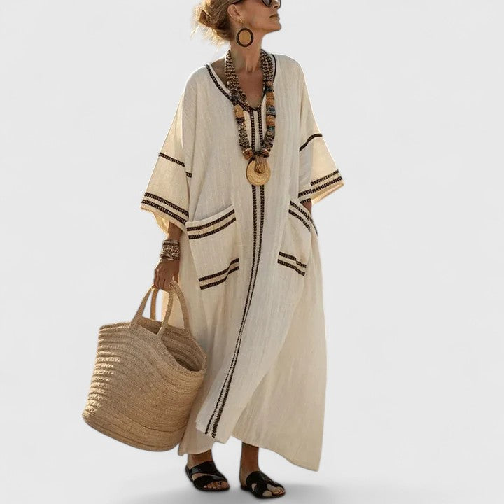 Dames Maxi Jurk Bohemian V-Hals Lange Zomerjurk met Functionele Zakken 1